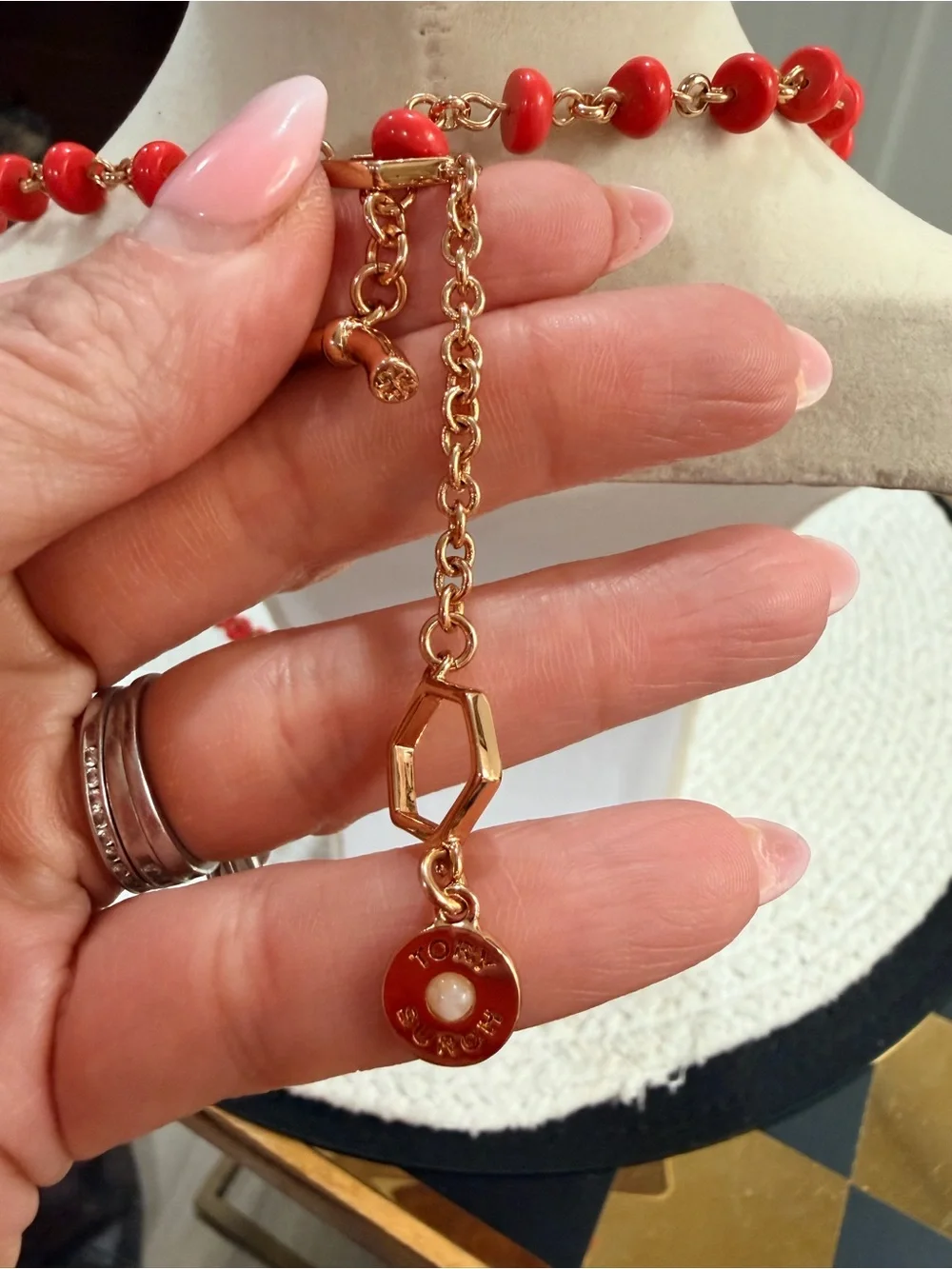 Tory Burch Gold Tone/Long Orange Necklace With Tassel + Dust Bag